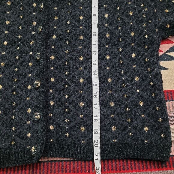 Vtg Express Tricot Wool Blend Sparkle Cardigan Sz M Soft Plush Black Gold Italy - Picture 8 of 8